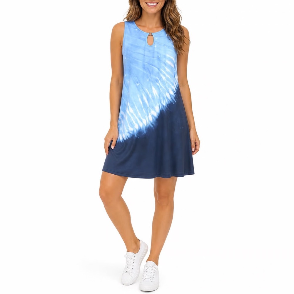 Blue Tie Dye Sleeveless Keyhole Ring Detail A-Line Summer Dress Large